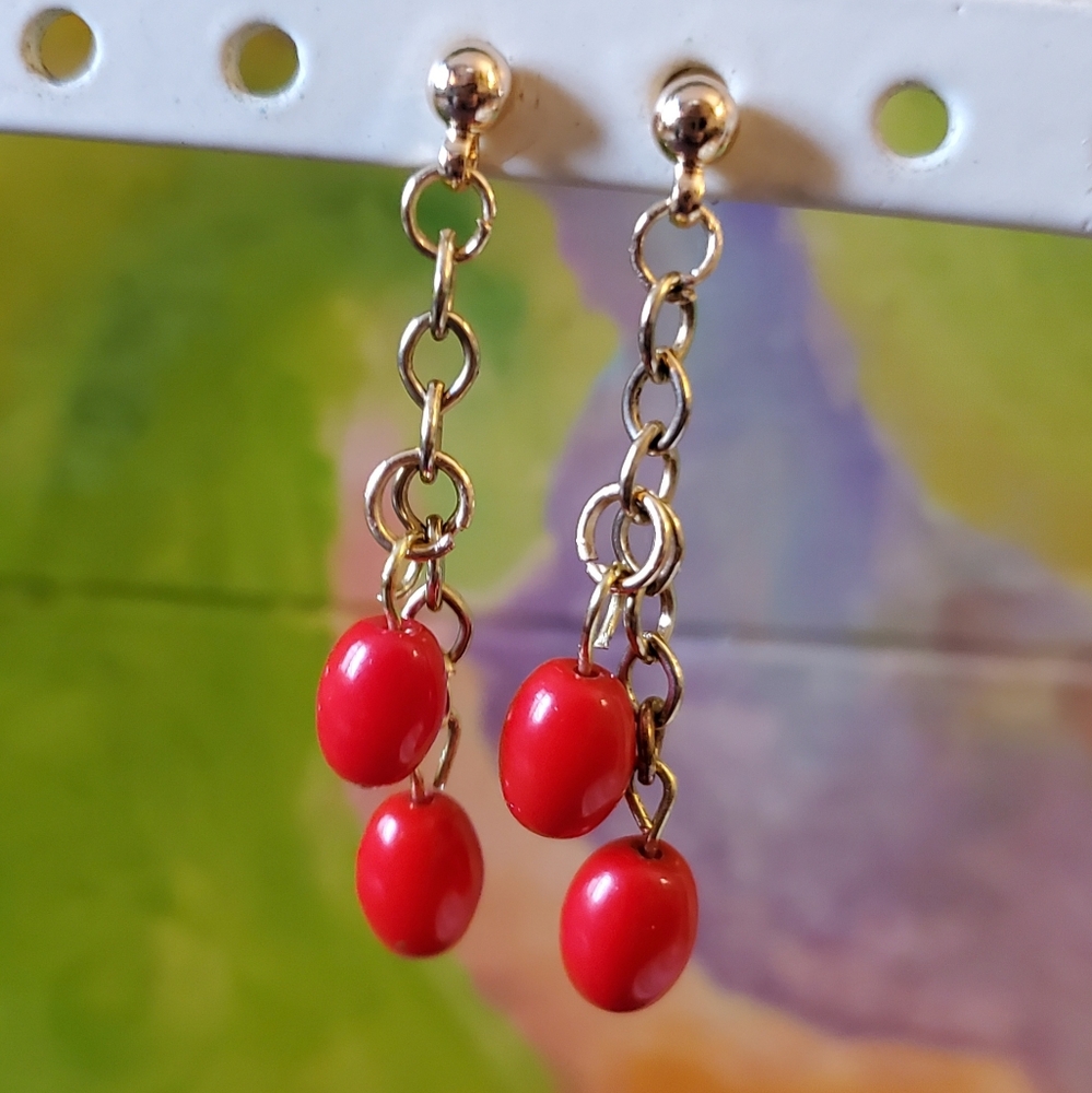 Vintage Bright Red Glass Bead Dangle Earrings